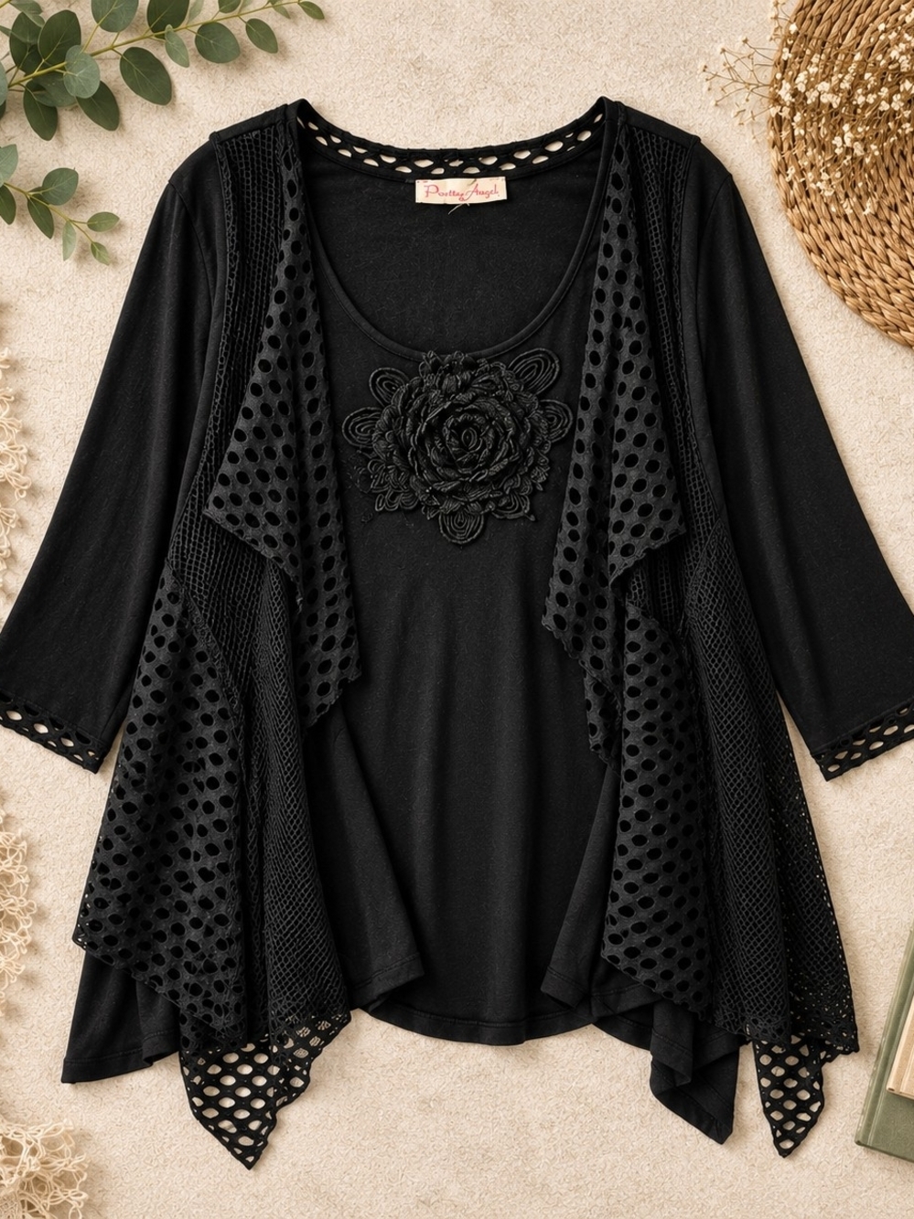 Pretty Angel Black Lagenlook Silk Blend Appliqué Tunic Cardigan XL Ptp24"